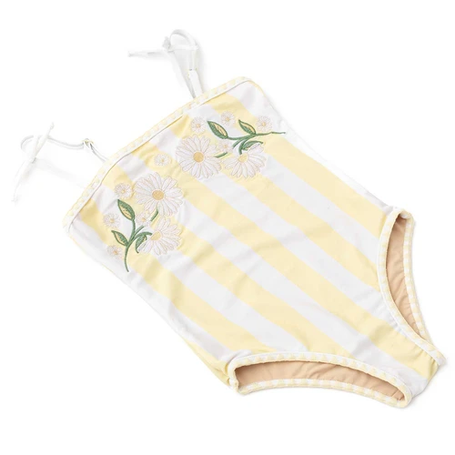 Girls yellow striped one piece swimsuit with embroidered detail and classic fit, stylish kids swimwear.