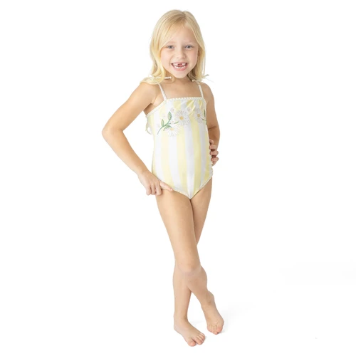 Shade Critters girls one piece swimsuit in butter stripe with embroidered detail, soft pastel kids swimwear shown on model.