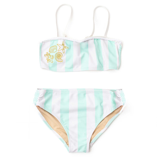 Tween girls striped bikini set with metallic sheen and embroidered detail, stylish two piece kids swimwear.