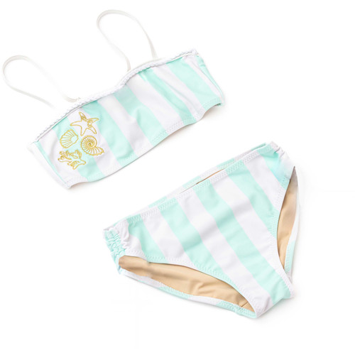 Tween girls seaside stripe bikini with shimmer fabric and soft stretch fit, modern kids swimwear.