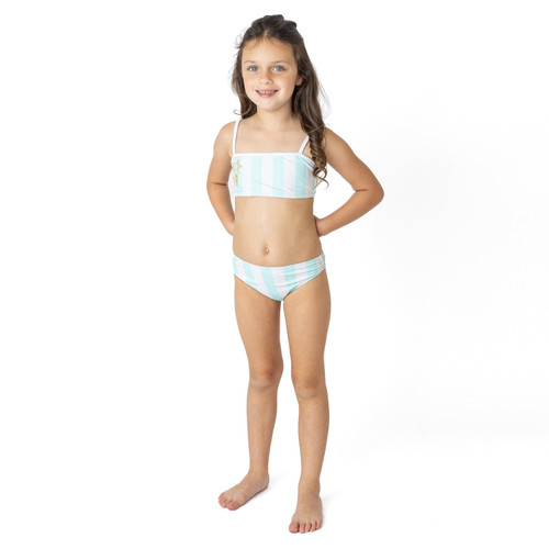 Tween girls seaside stripe two piece swimsuit with metallic finish and embroidered accent, trendy kids swimwear.