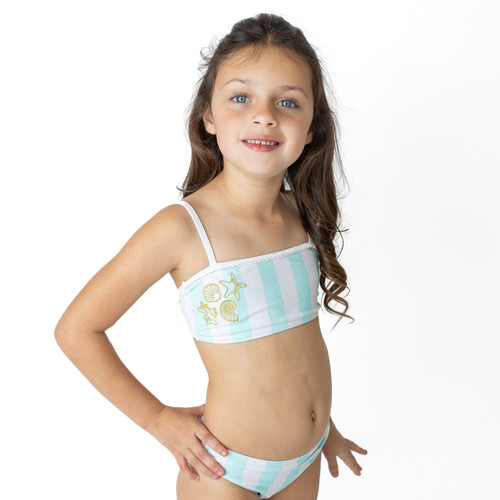 Shade Critters tween girls metallic bikini set in seaside stripe with embroidered detail, stylish kids swimwear shown on model.