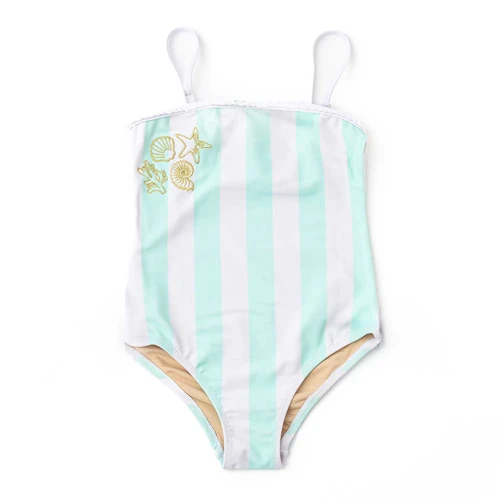 Shade Critters girls metallic one piece swimsuit in seaside stripe with embroidered detail, pastel kids swimwear with shimmer finish.