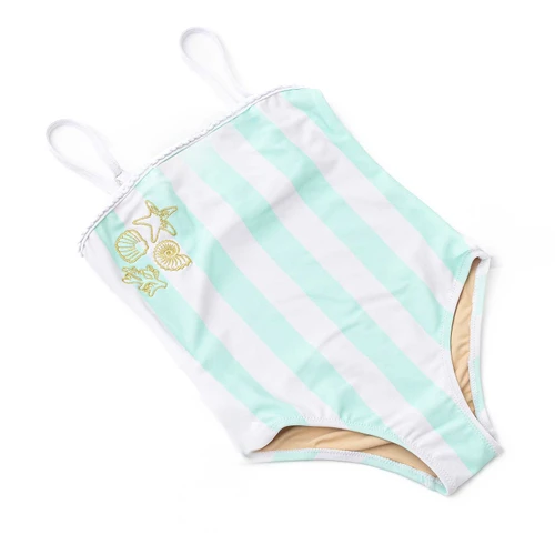 Girls seaside stripe one piece swimsuit with metallic sheen and embroidered accent, stylish kids swimwear.