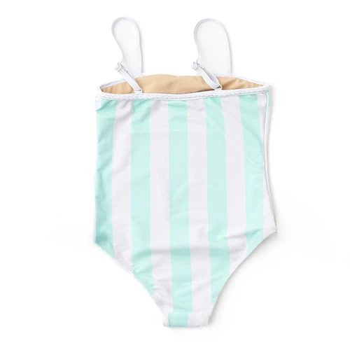 Girls pastel striped one piece swimsuit with metallic fabric and comfortable fit, trendy kids swimwear.