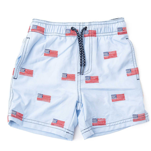 Shade Critters boys swim trunks in light blue with Americana flag icons, 4 way stretch water appearing embroidered kids swimwear.