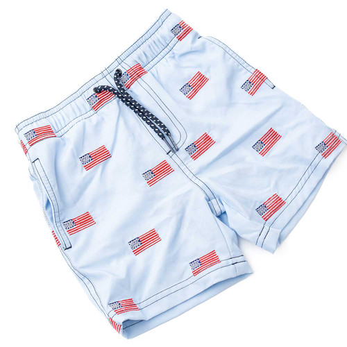 Boys Americana print swim trunks with flag icons and stretch fabric, stylish kids swimwear.