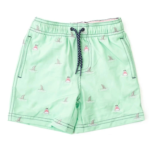 Boys mint green swim trunks with shark icons and drawstring waist, 4 way stretch kids swimwear.