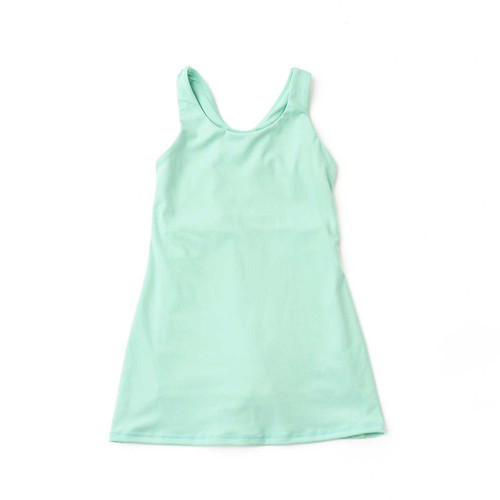 Girls mint active dress with simple silhouette and soft stretch fabric, comfortable kids activewear.