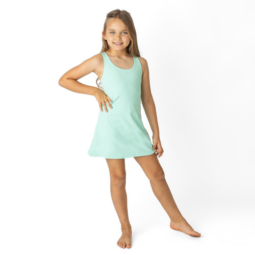 Shade Critters girls mint active dress, lightweight kids activewear with comfortable stretch shown on model.