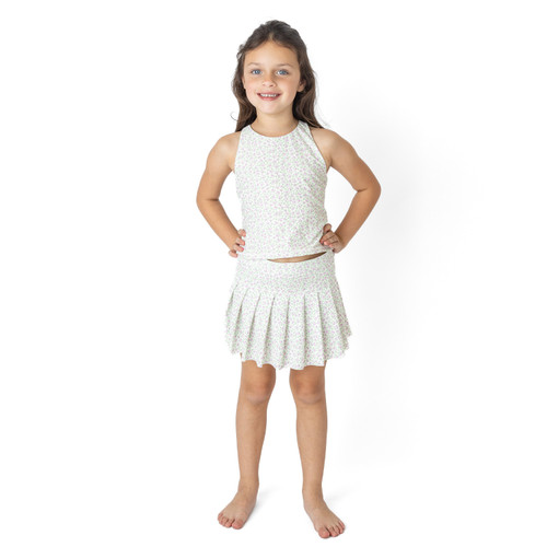Shade Critters girls active tank top in cottage floral lilac print, lightweight kids activewear shown on model.
