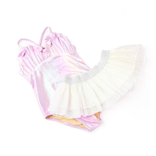 Girls lilac metallic one piece swimsuit with shell accents and coordinating tutu cover up, cute kids swimwear set.