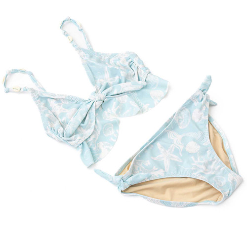 Tween girls snorkel splash two piece swimsuit with ruffle top and shell trim accents, trendy kids swimwear.