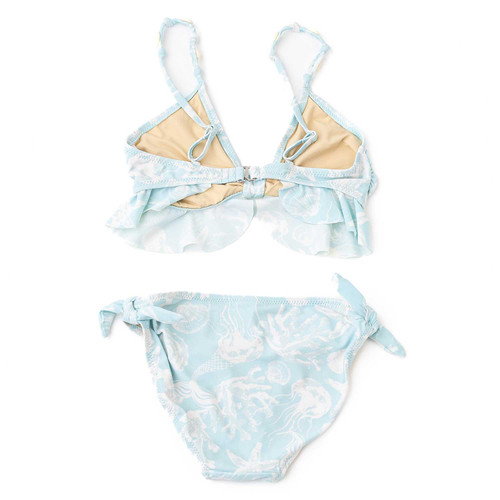 Tween girls blue bikini set with ruffle detail and matching bottoms, comfortable and stylish kids swimwear.