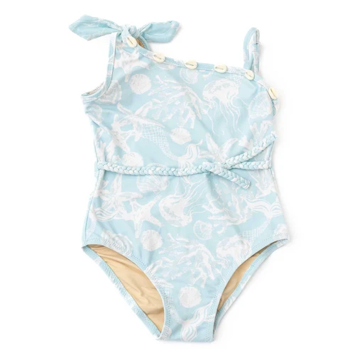 Shade Critters girls one shoulder one piece swimsuit in snorkel splash blue with shell trim detail, stylish kids swimwear.