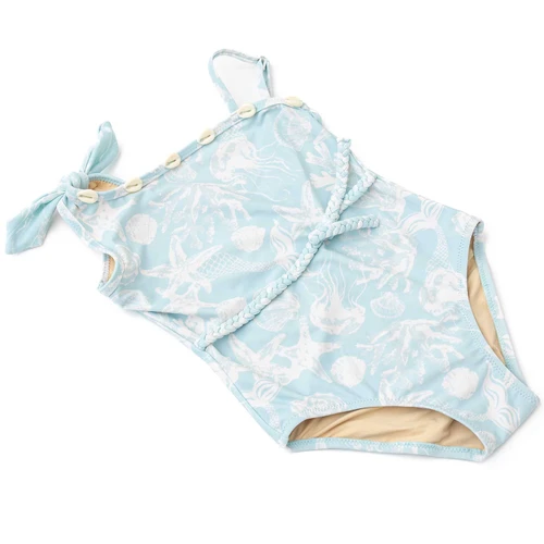 Girls blue one shoulder swimsuit with shell trim accent and soft stretch fabric, trendy kids swimwear.