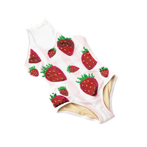 Girls strawberry sequin one piece swimsuit with striped background, trendy kids swimwear.