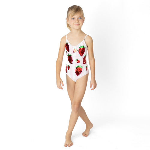 Girls strawberry print one piece swimsuit with sequin detail, cute kids swimwear shown on model.