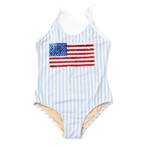 Girls Americana striped one piece swimsuit with red, white, and blue sequin flag design, stylish kids swimwear.