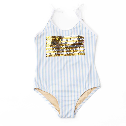 Girls striped one piece swimsuit with reversible sequin flag design, fun and interactive kids swimwear.