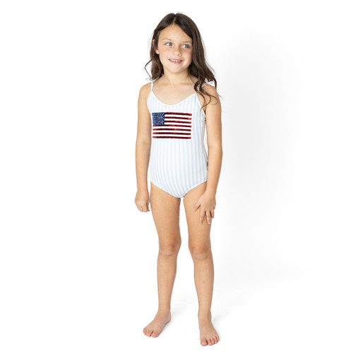 Girls Americana one piece swimsuit with sequin flag and striped print, cute kids swimwear for summer holidays.
