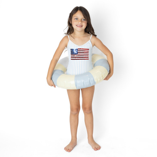 Shade Critters girls striped one piece swimsuit with sequin American flag detail, patriotic kids swimwear shown on model.