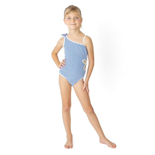 Girls striped ribbed swimsuit with daisy cut out and button detail, trendy kids one piece swimwear.