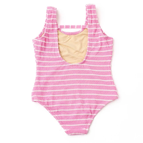 Girls striped crinkle one piece swimsuit in pink with scoop back and flexible fit, trendy kids swimwear.