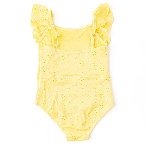 Girls butter yellow one piece swimsuit with eyelet texture and ruffle straps, comfortable and stylish kids swimwear.
