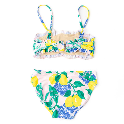 Girls lemon floral two piece swimsuit with smocked top and matching bottoms, comfortable and stylish kids swimwear.