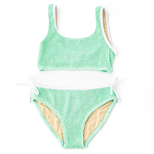 Shade Critters girls crinkle bikini set in mint green with side tie detail, textured two piece swimsuit and modern kids swimwear.