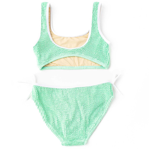 Girls mint crinkle two piece swimsuit with scoop back top and matching bottoms, comfortable and trendy kids swimwear.