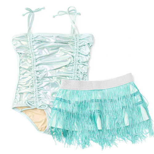Girls mint ombre one piece swimsuit with cinched detail and matching fringe skirt cover up, trendy kids swimwear set.