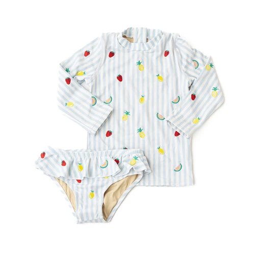 Shade Critters girls rashguard swim set in pastel picnic stripe with colorful embroidered icons, long sleeve swim top and matching bikini bottoms, UPF kids swimwear.