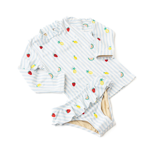 Girls striped rashguard two piece swimsuit with embroidered details, long sleeve swim top and matching bottoms, comfortable kids swimwear.