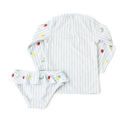 Girls striped rashguard two piece swimsuit with embroidered details, long sleeve swim top and matching bottoms, comfortable kids swimwear.