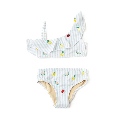 Shade Critters girls bikini one shoulder two piece swimsuit in pastel picnic stripe with colorful embroidered icons, ruffle trim top, and matching bottoms.