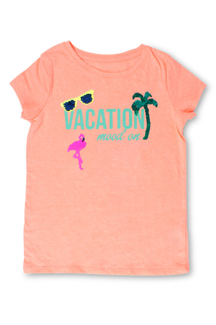 Coral Vacation Mood On Flip Sequin T-Shirt