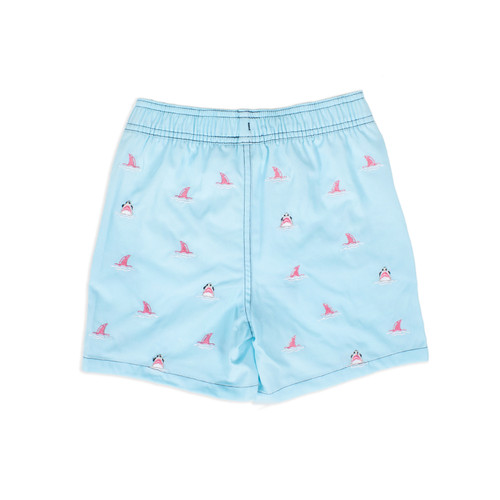 Back View of Water Appearing Sharks - Boys 4 Way Stretch Swim Trunks Back View of Water Appearing Sharks - Boys 4 Way Stretch Swim Trunks