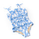 Detail of Blue Floral Girls Ruffle Smocked One Piece Swimsuit 6m-10