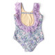 Back of Shade Critters Flower Power Purple Fringe Back One Piece Swimsuit 6m-14