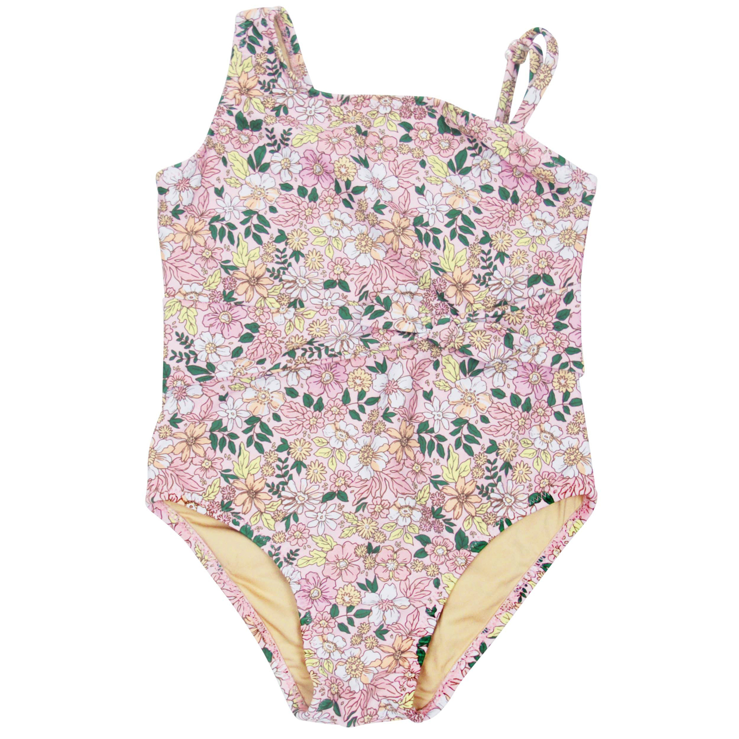 Pink Ditsy Floral Wrap Girls One Shoulder One Piece Swimsuit 2-10 ...
