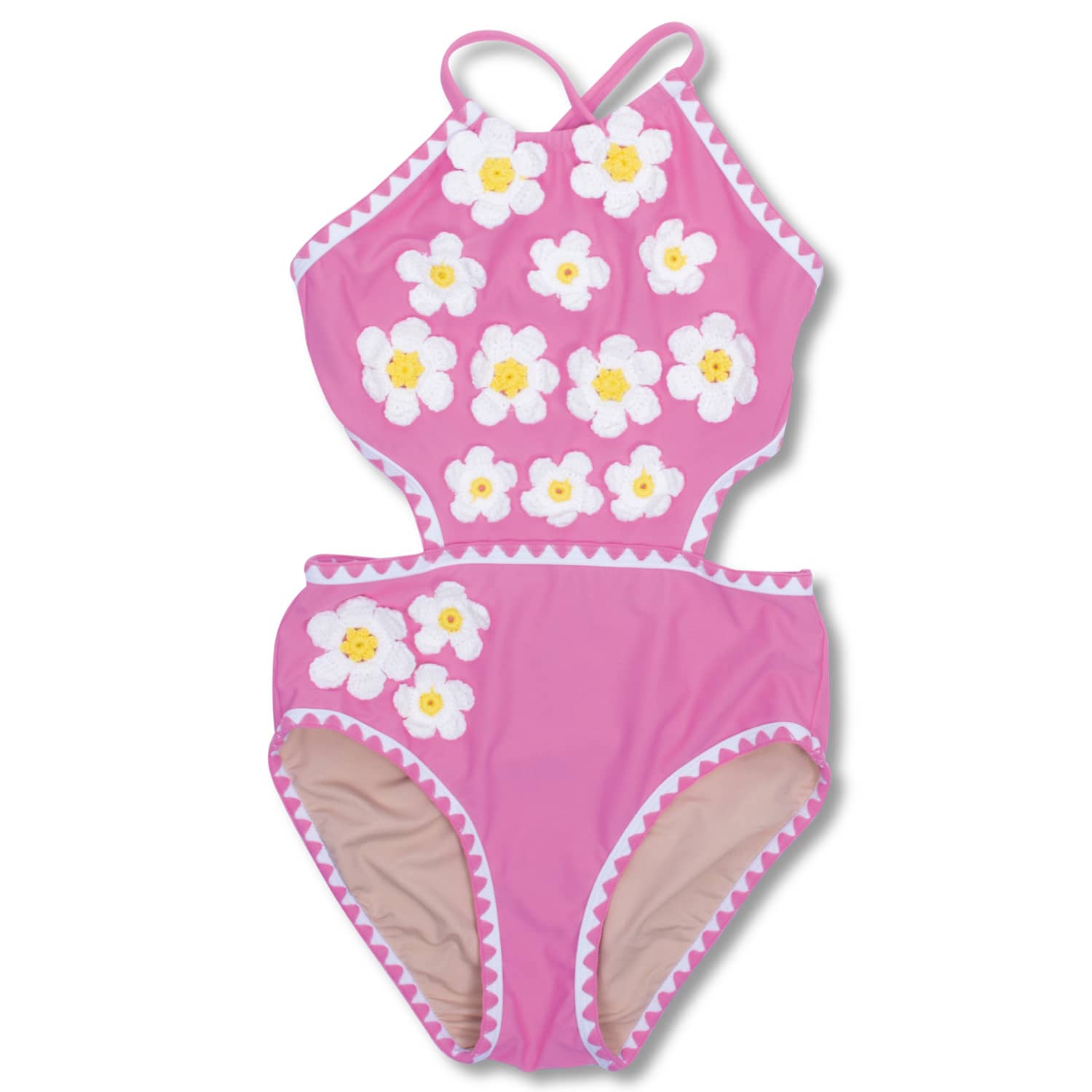 Crochet Pink Daisy Halter Girls One Piece Swimsuit 2-14 - Shade Critters