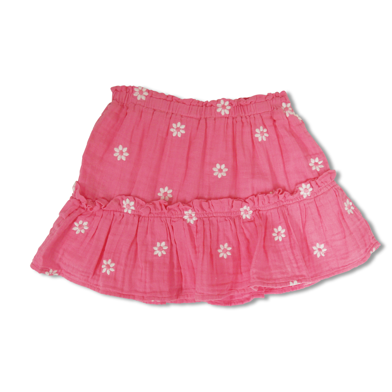 Pink Bubble Gauze Embroidered Girls Ruffle Skirt 3-14 - Shade 