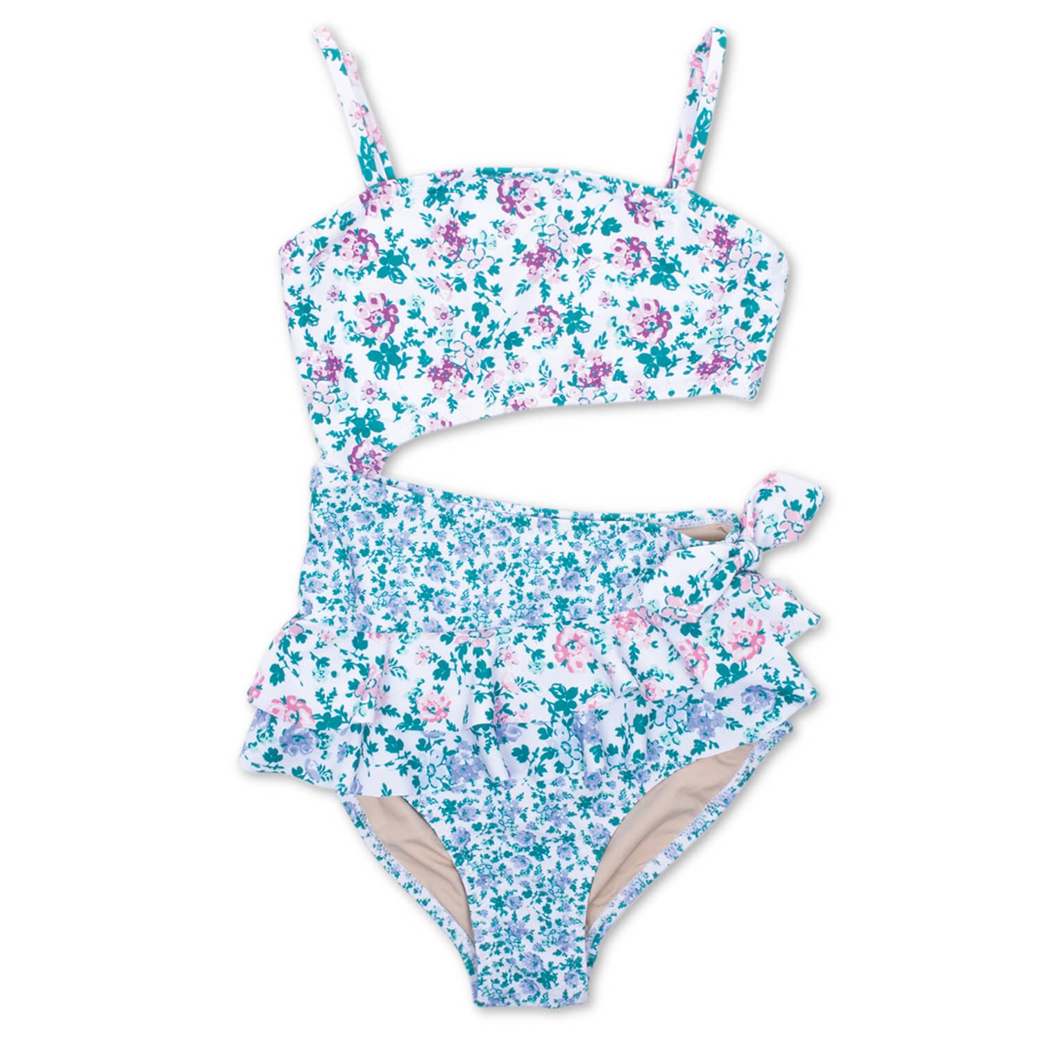 Blue Floral Patchwork Girls Cutout One Piece Swimsuit 2-10 - Shade Critters