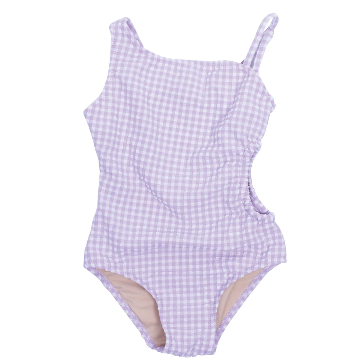 Purple Gingham Girls One Shoulder One Piece Swimsuit 2-14 - Shade Critters