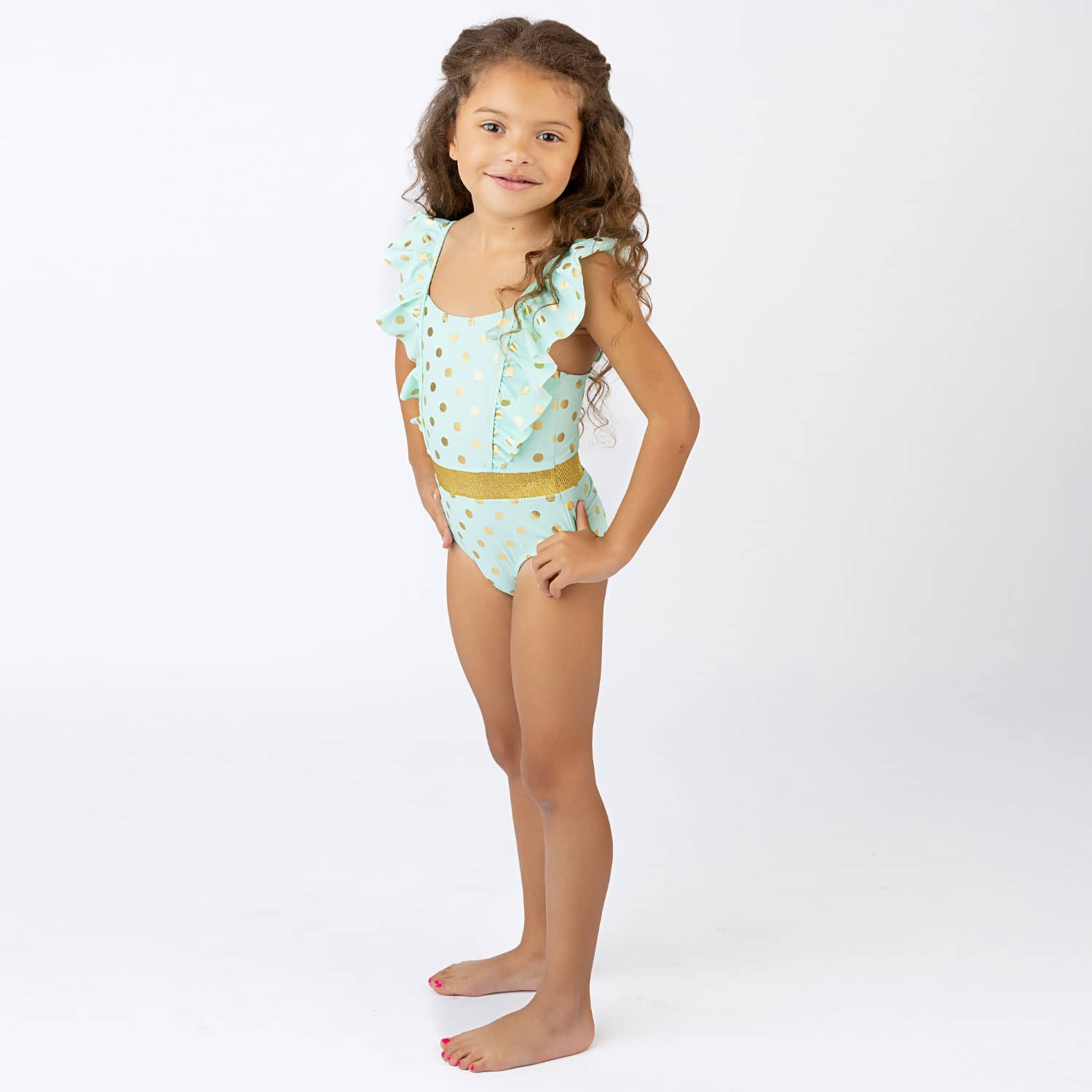 Mint & Gold Dot Girls Ruffle Shoulder One Piece Swimsuit 6m