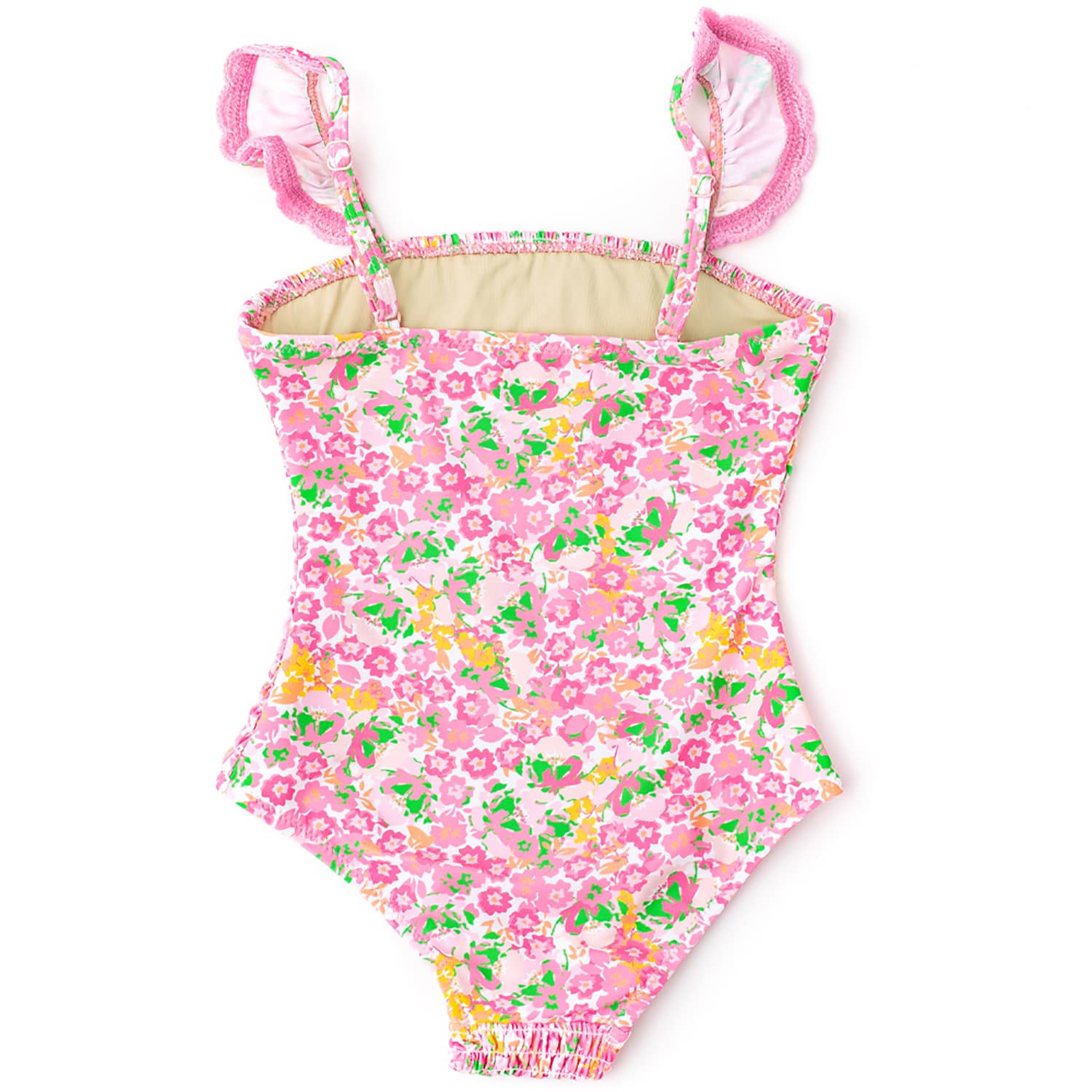 Fresh Floral Pink Crochet Trim Smocked One Piece Swimsuit 6m