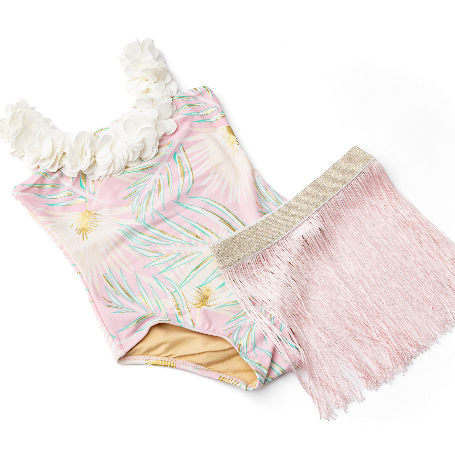 Pink & Green Metallic Girls Hula One Piece & Skirt Swim Set