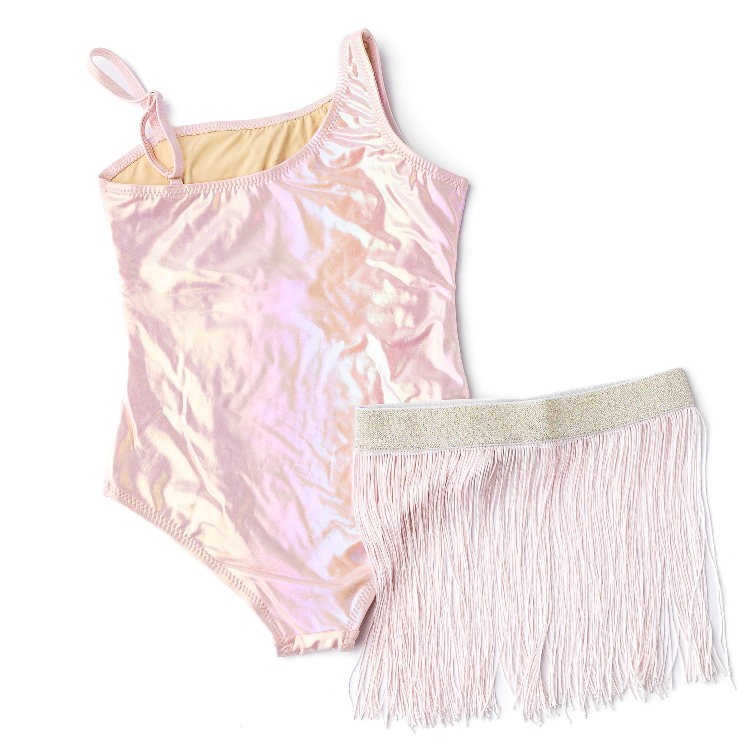 ひなmama Pink Girls Metallic One Shoulder & Skirt Swim Set 3t-10